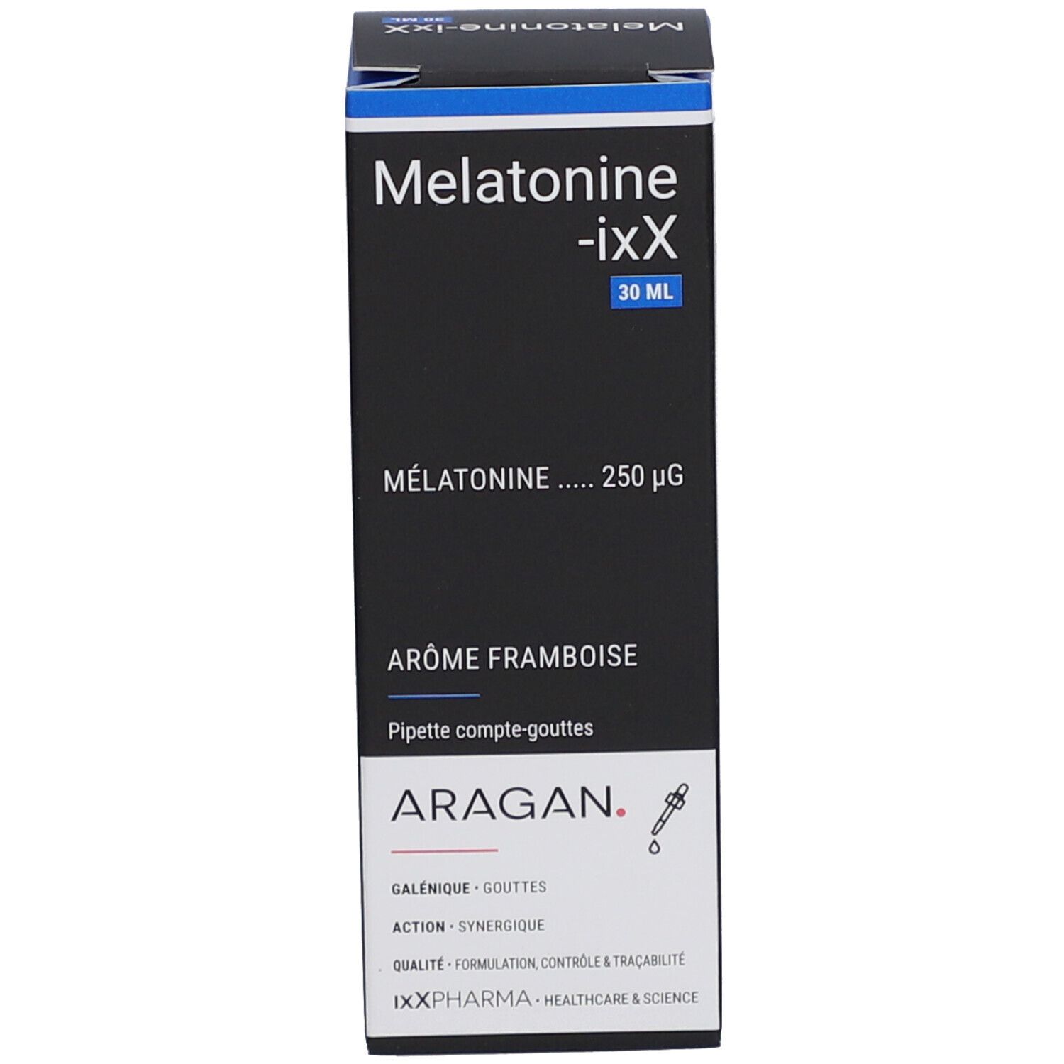 Emballage du produit avec boîte. Boîte avec nom du produit Melatonine-ixX, 30 ml, arôme framboise. Pipette.