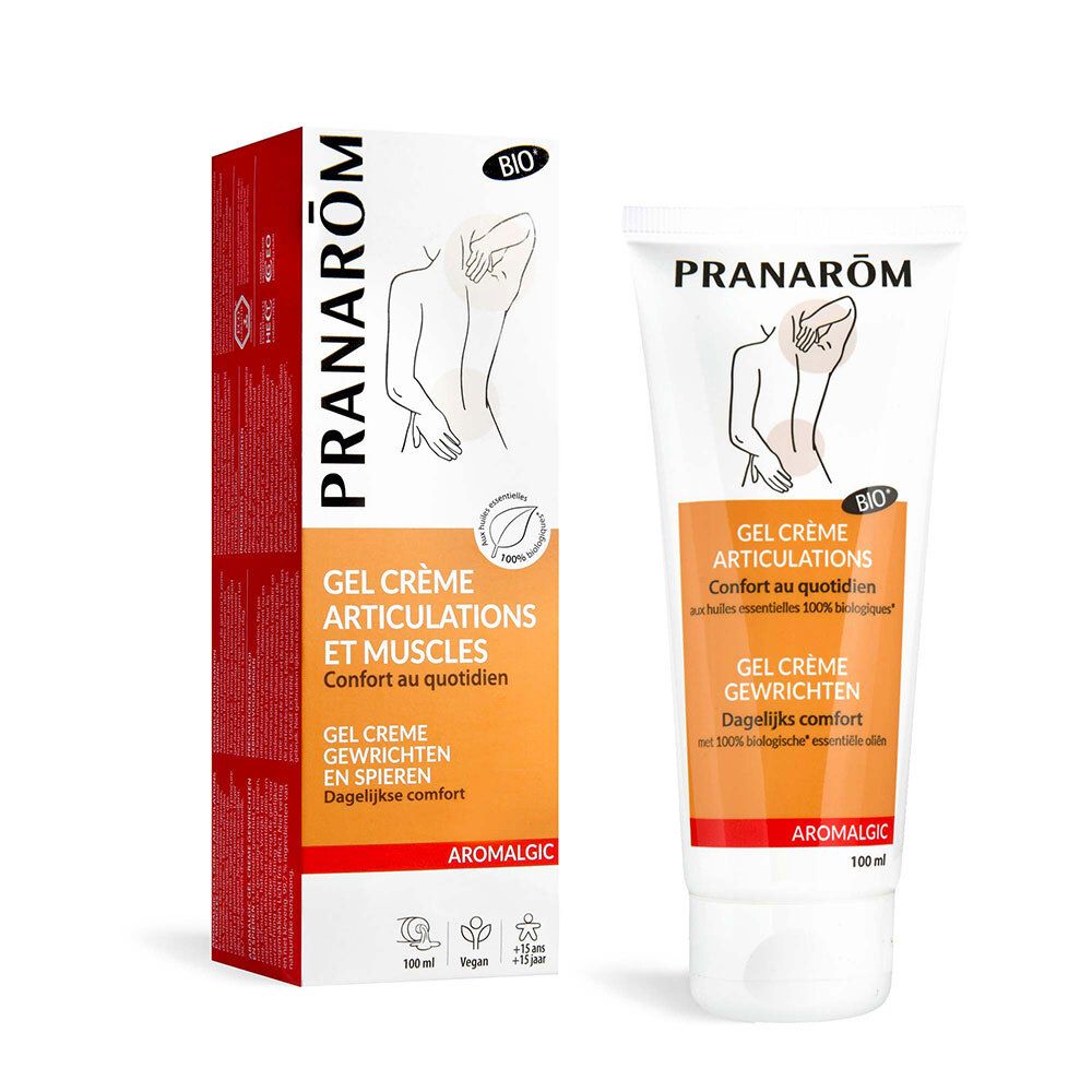 Tube en doos PRANARÔM Gel Crème. Tekst: Gel Crème Articulations et Muscles. Bio-certificering.