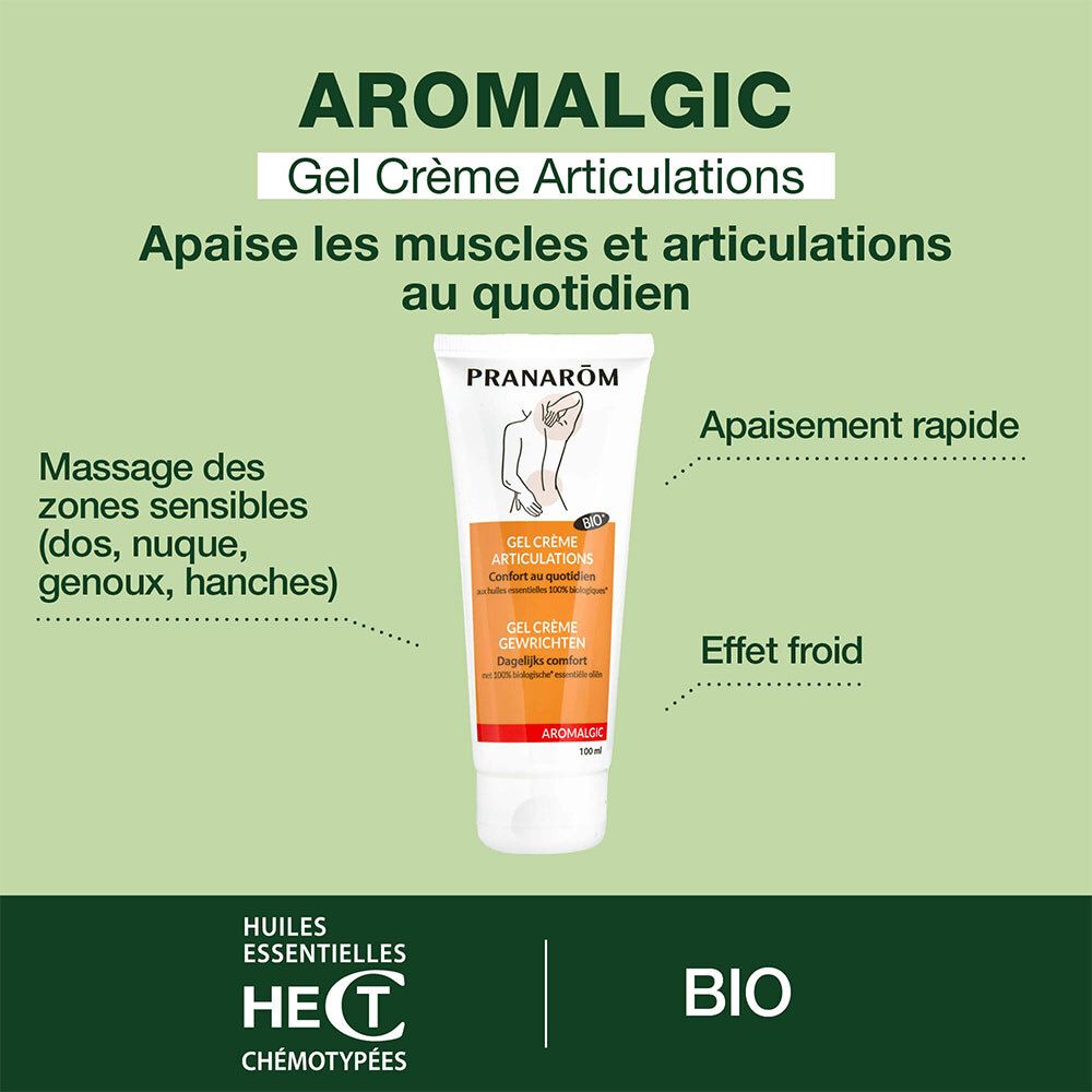 PRANARÔM Gel Crème Articulations. Grün. Text: Aromalgic, Apaise les muscles et articulations.