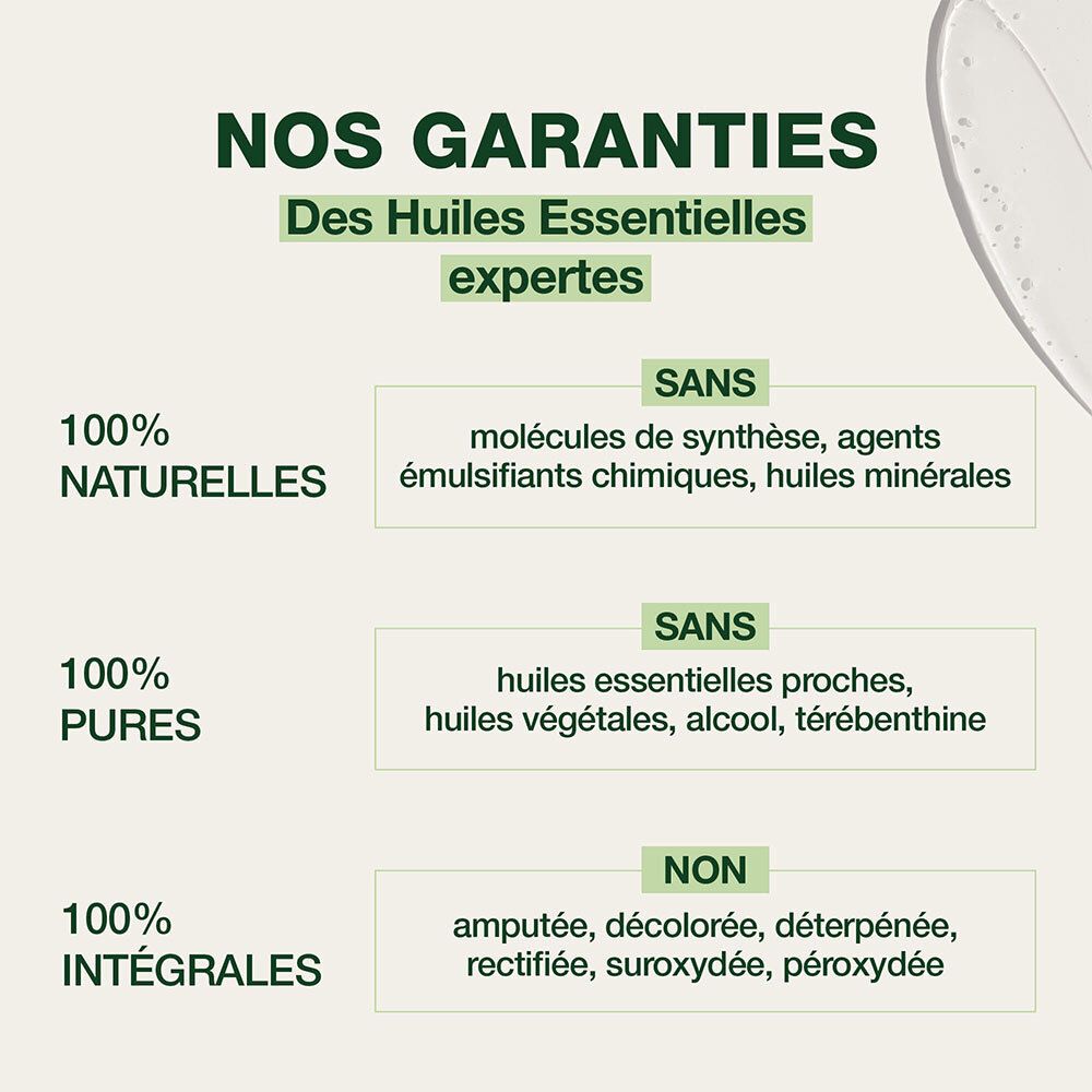 Text: Nos Garanties. 100% Naturelles, Pures, Intégrales. Ohne synthetische Moleküle, Öle.