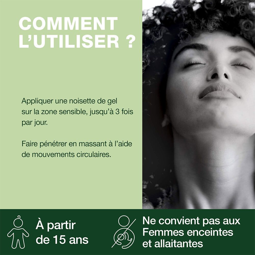Frau mit geschlossenen Augen. Text: Comment l'utiliser? À partir de 15 ans. Ne convient pas aux femmes enceintes.