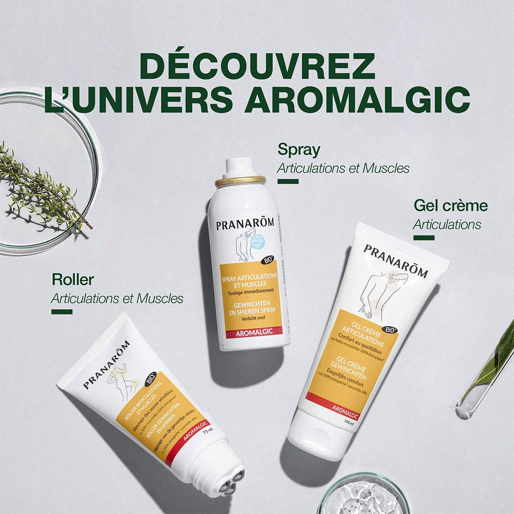Drei PRANARÔM Produkte: Spray, Roller, Gel Crème Articulations. Aromalgic. Grün.