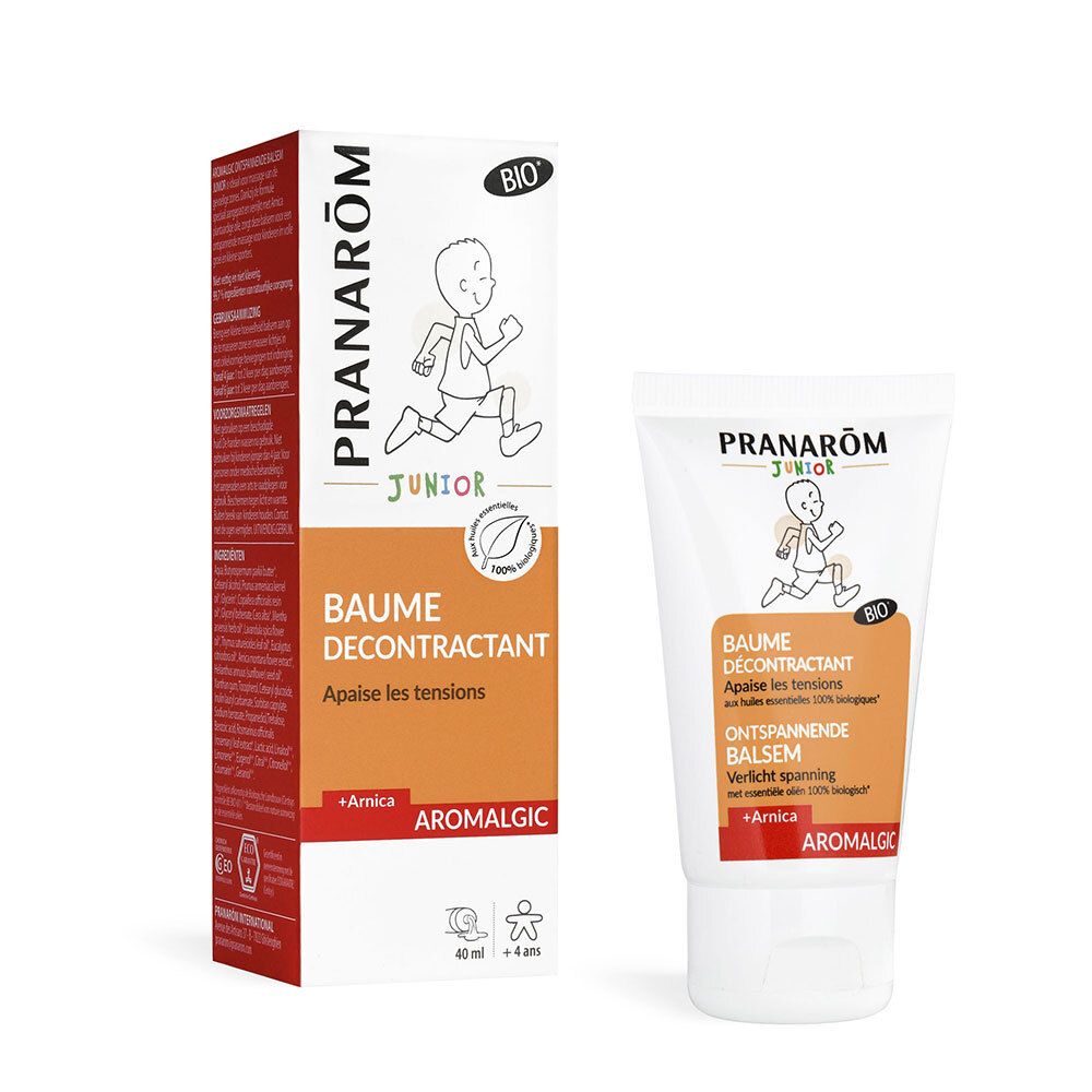 Tube et boîte blancs avec texte: Pranarôm Junior, Baume Décontractant, +Arnica, Aromalgic. Logo Bio. Illustration enfant.