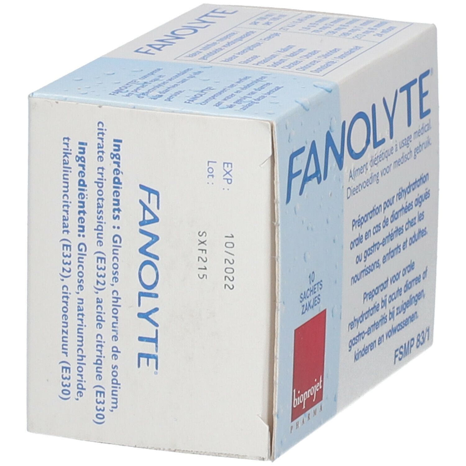 Boîte "FANOLYTE". Liste des ingrédients et date d'expiration 10/2022. Texte en allemand, français et néerlandais. Logo "bioprojet pharma".