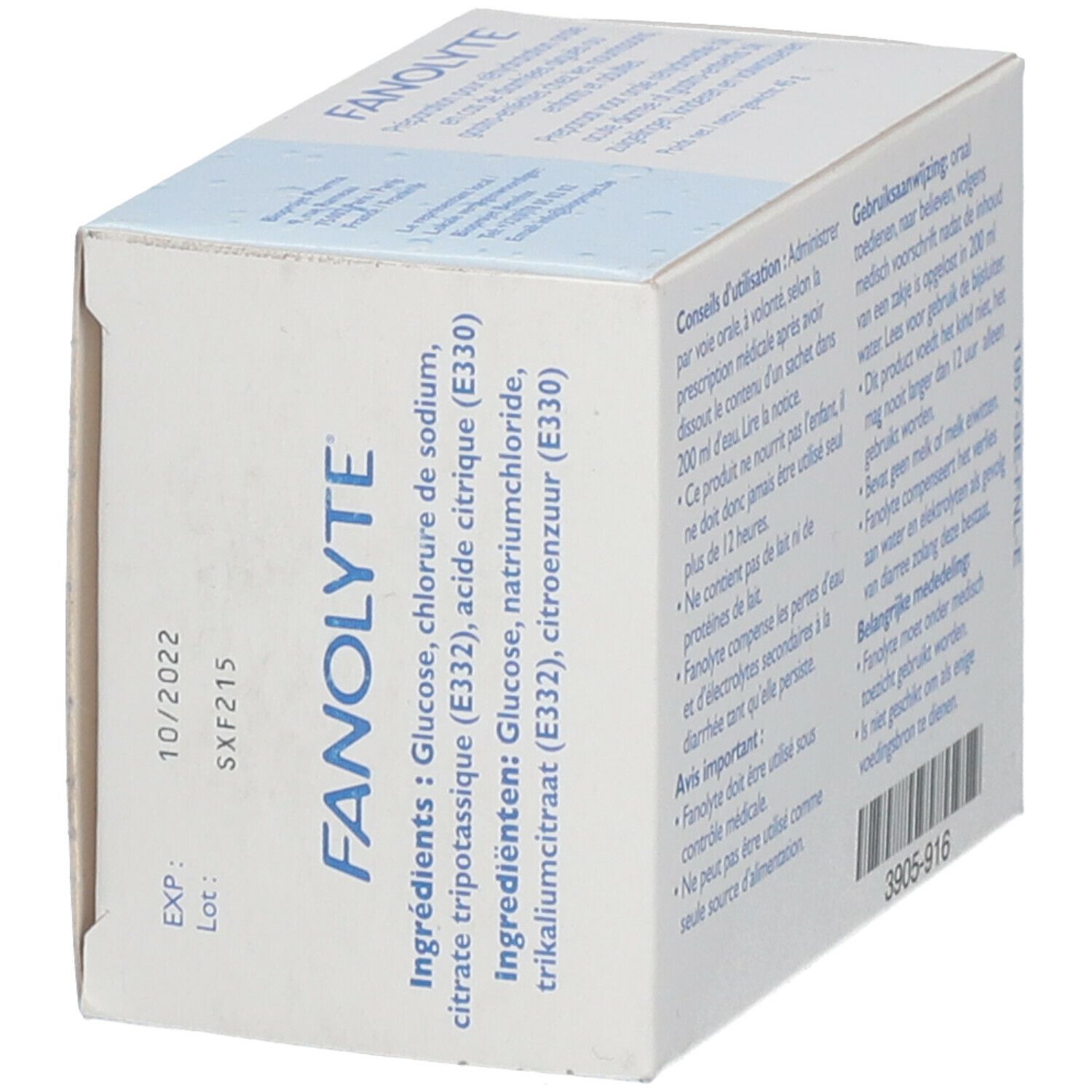 Boîte "FANOLYTE". Liste des ingrédients et date d'expiration 10/2022. Texte en allemand, français et néerlandais. Numéro 3905-916.