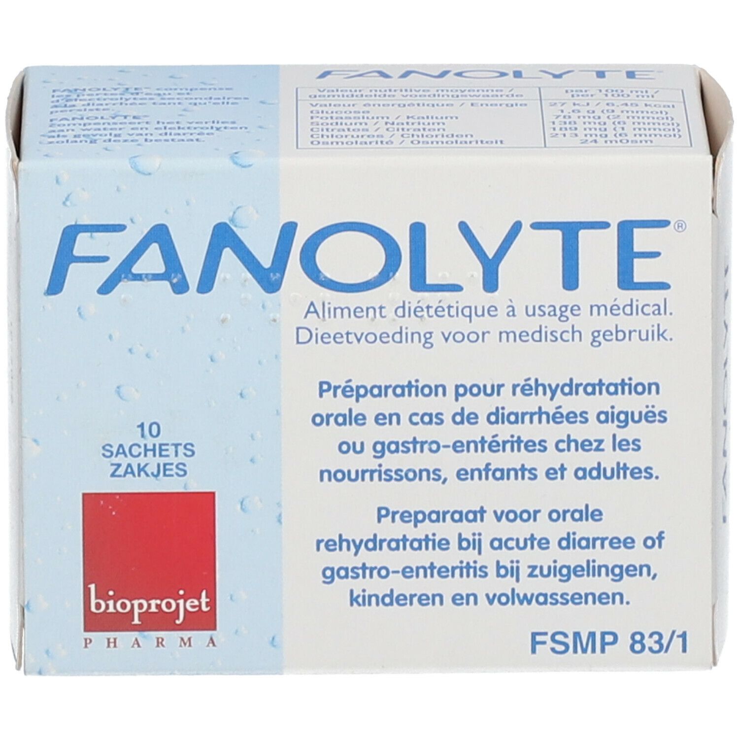 Boîte "FANOLYTE" avec 10 sachets. Logo "bioprojet pharma". Texte en allemand, français et néerlandais. Produit médical.