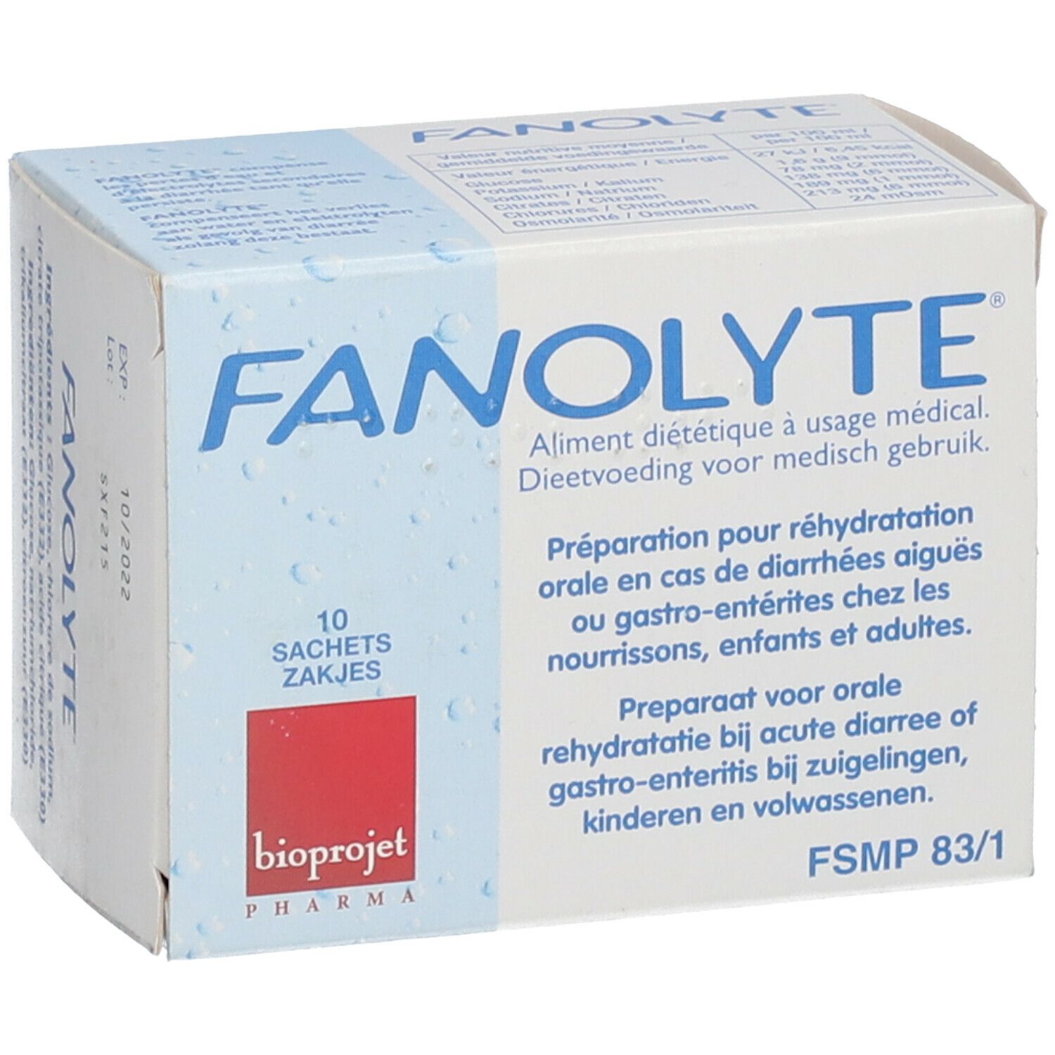 Boîte "FANOLYTE" avec 10 sachets. Logo "bioprojet pharma". Texte en allemand, français et néerlandais. Produit médical.