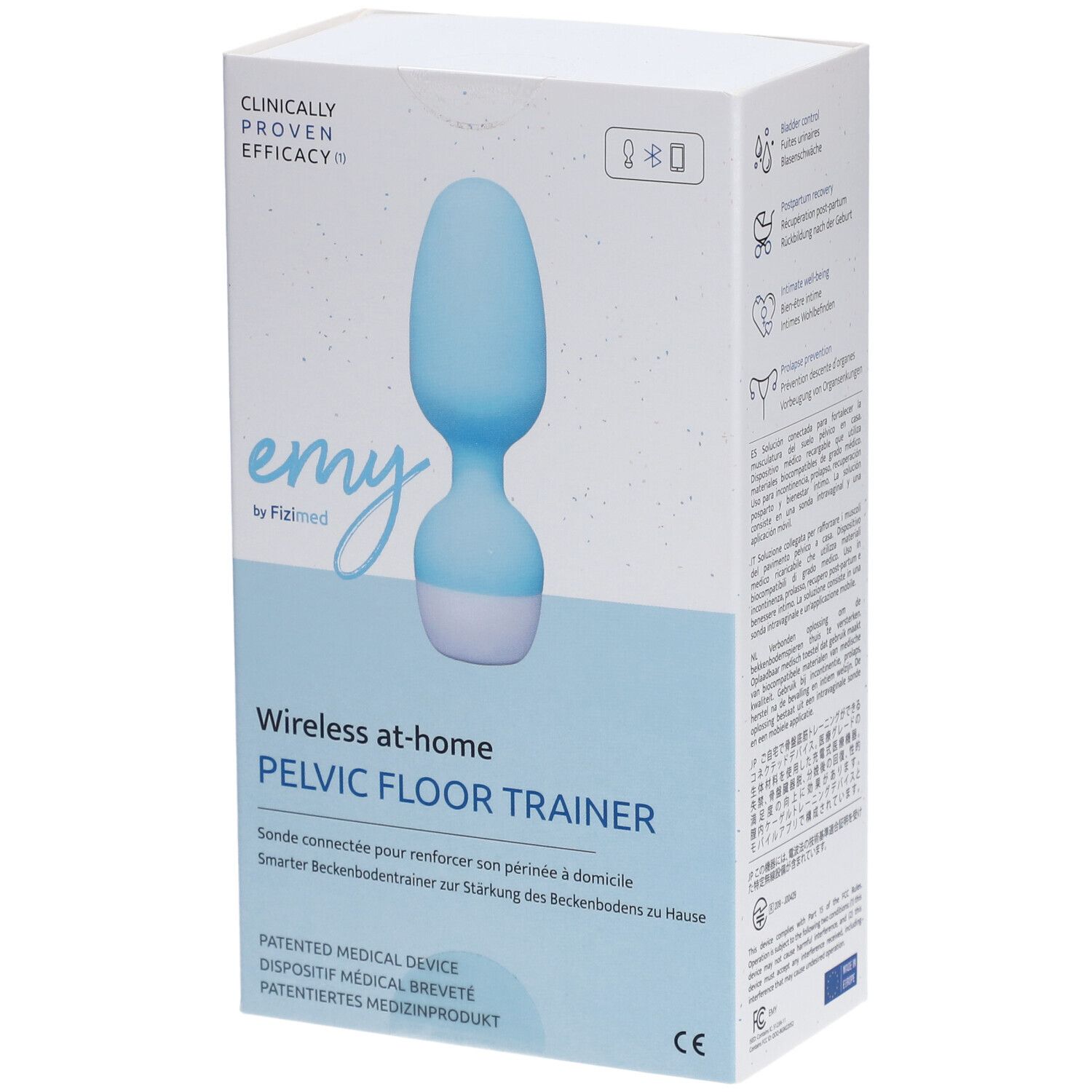 Boîte Fizimed Emy. Appareil bleu et blanc. Texte: Wireless at-home PELVIC FLOOR TRAINER. Efficacité cliniquement prouvée.