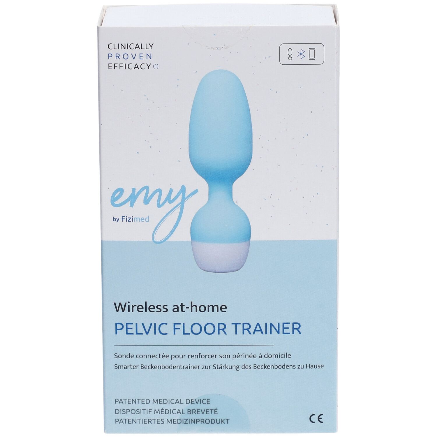Boîte Fizimed Emy. Appareil bleu et blanc. Texte: Wireless at-home PELVIC FLOOR TRAINER. Efficacité cliniquement prouvée.