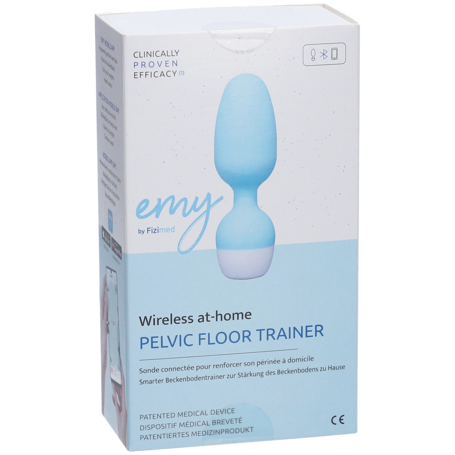 Boîte Fizimed Emy. Appareil bleu et blanc. Texte: Wireless at-home PELVIC FLOOR TRAINER. Efficacité cliniquement prouvée.
