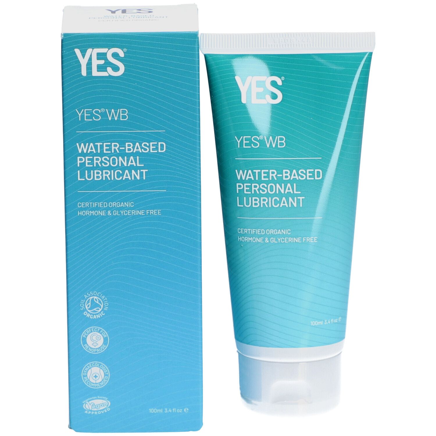 Productverpakking. Tube en doos. Opschrift YES WB, glijmiddel op waterbasis. Gecertificeerd biologisch, hormoon- en glycerinevrij.