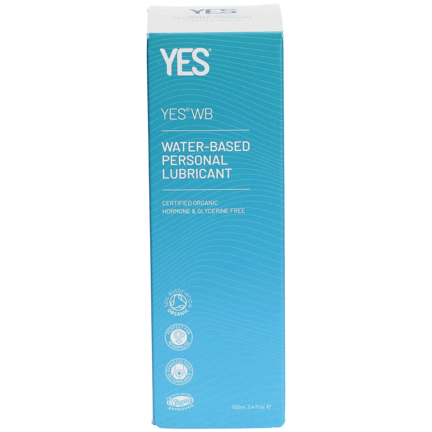 Blauwe doos. Opschrift YES WB, glijmiddel op waterbasis. Gecertificeerd biologisch, hormoon- en glycerinevrij. 100ml.