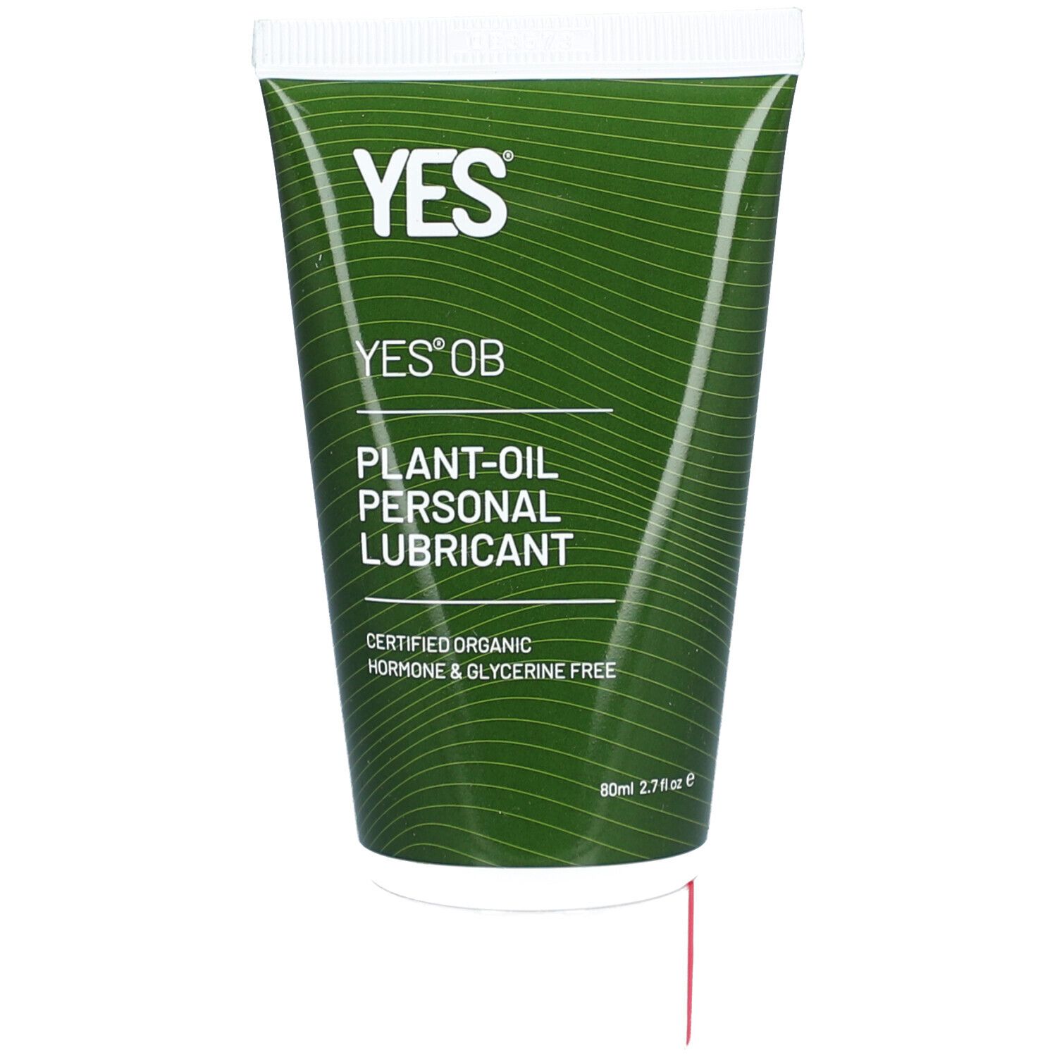 Tube verte avec bouchon blanc. Inscription: YES® OB, Plant-Oil Personal Lubricant. Certifié biologique.