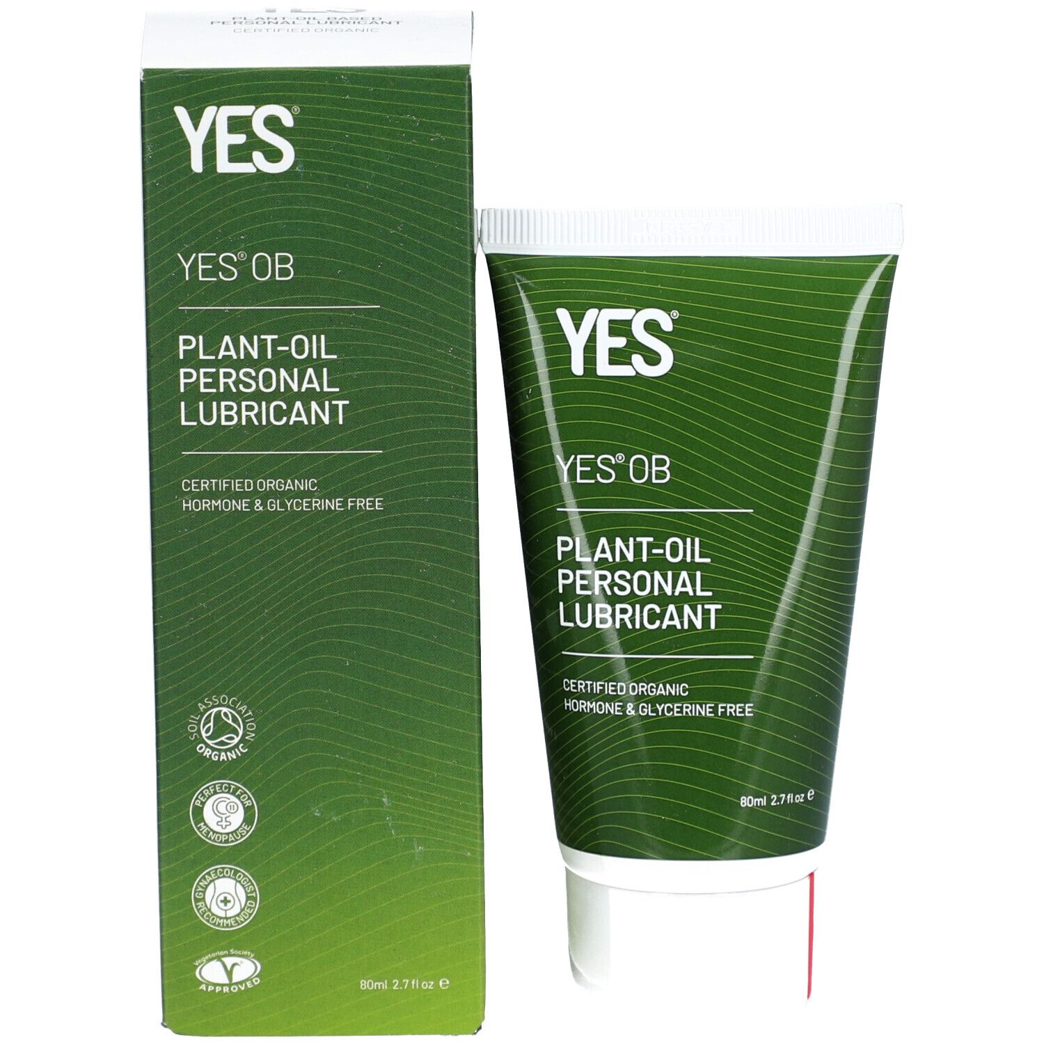 Emballage et tube. Emballage: vert, blanc. Inscription: YES® OB, Plant-Oil Personal Lubricant. Certifié biologique.