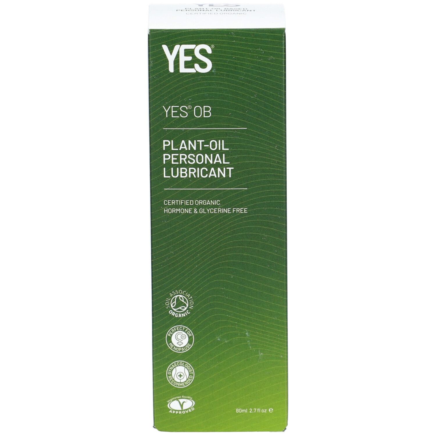 Emballage vert. Inscription: YES® OB, Plant-Oil Personal Lubricant. Certifié biologique. Logos.