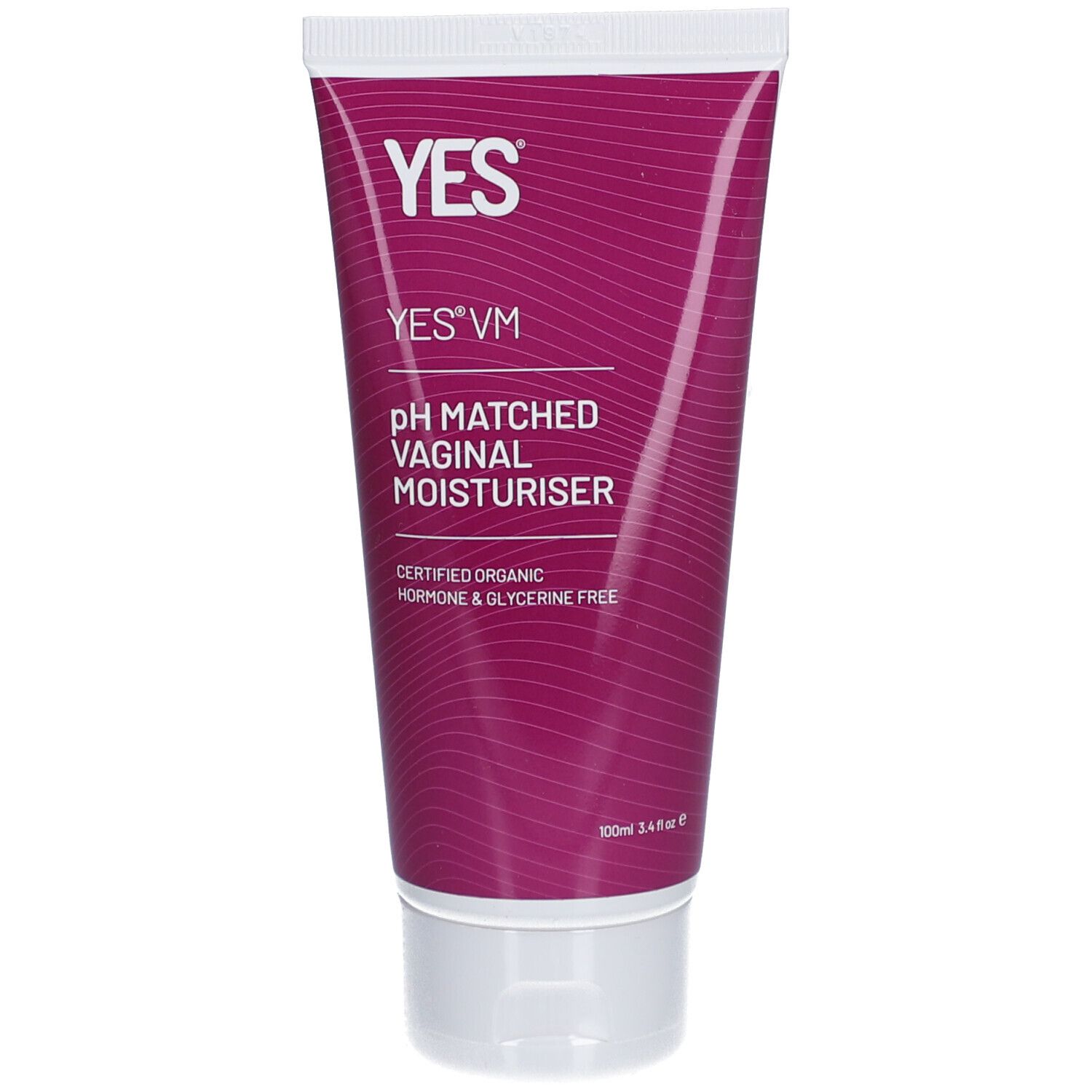 Tube rose avec bouchon blanc. Inscription: YES, YES® VM, pH MATCHED VAGINAL MOISTURISER. Formule biologique certifiée.