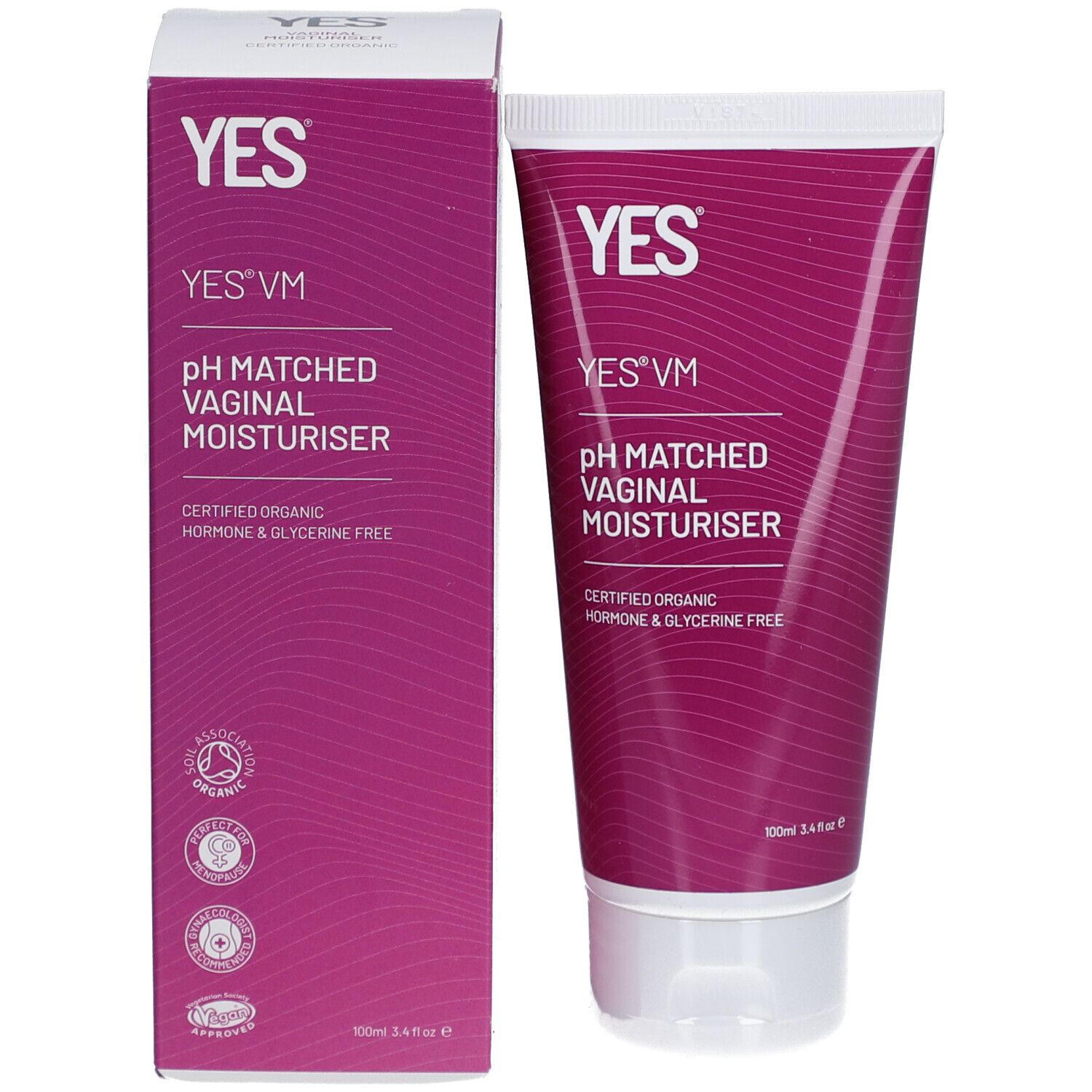 Emballage du produit avec tube et boîte. Inscription: YES, YES® VM, pH MATCHED VAGINAL MOISTURISER. Formule biologique certifiée.