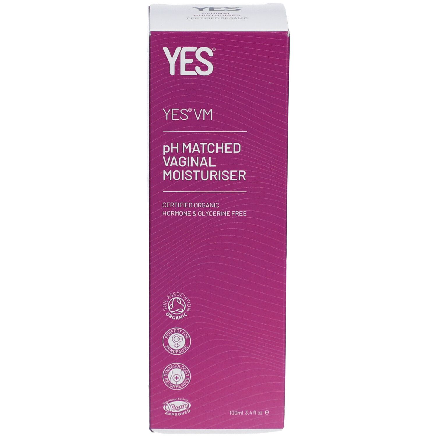 Emballage en carton. Inscription: YES, YES® VM, pH MATCHED VAGINAL MOISTURISER. Formule biologique certifiée. Logos.