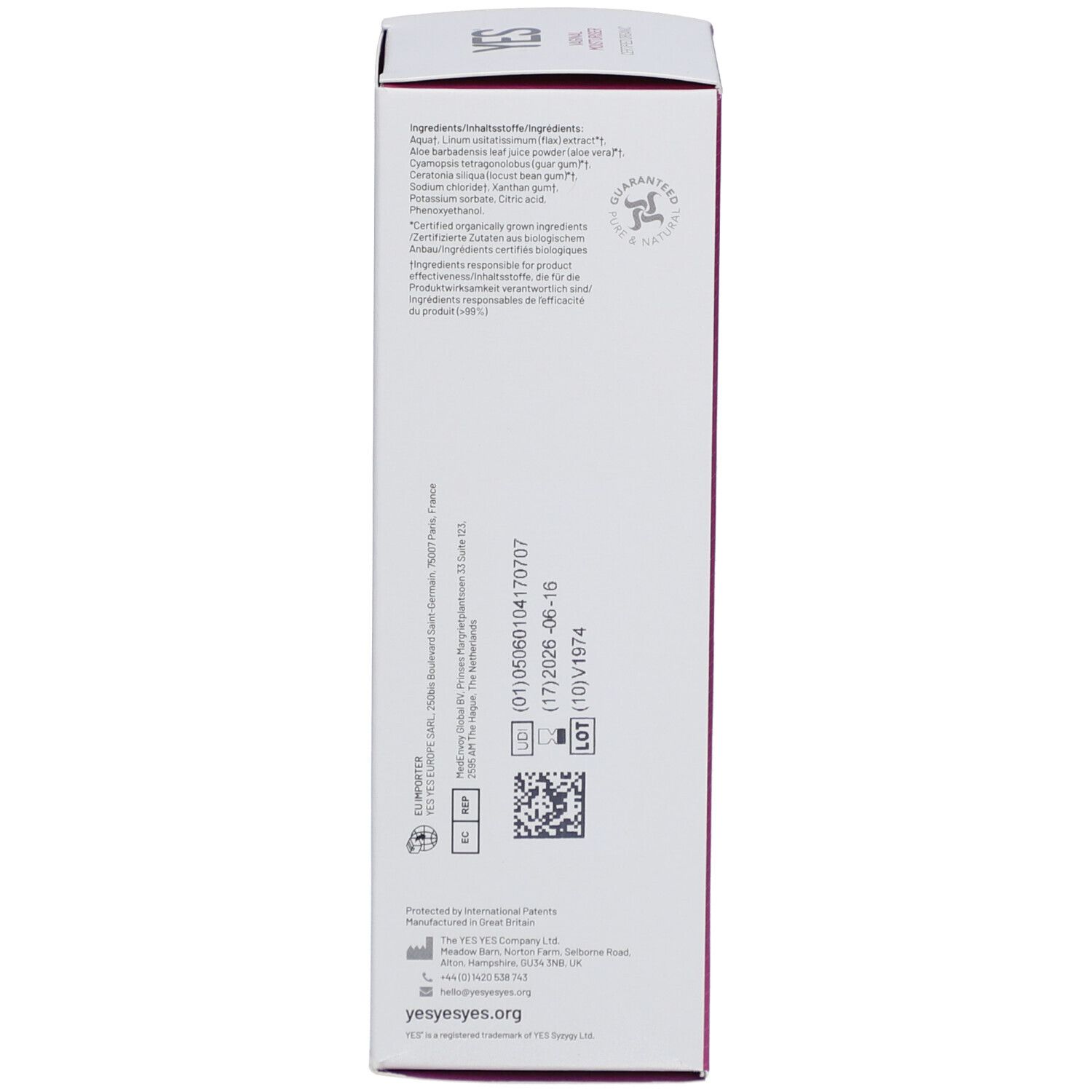 Dos de l'emballage en carton. Liste des ingrédients, informations sur le fabricant et certifications.