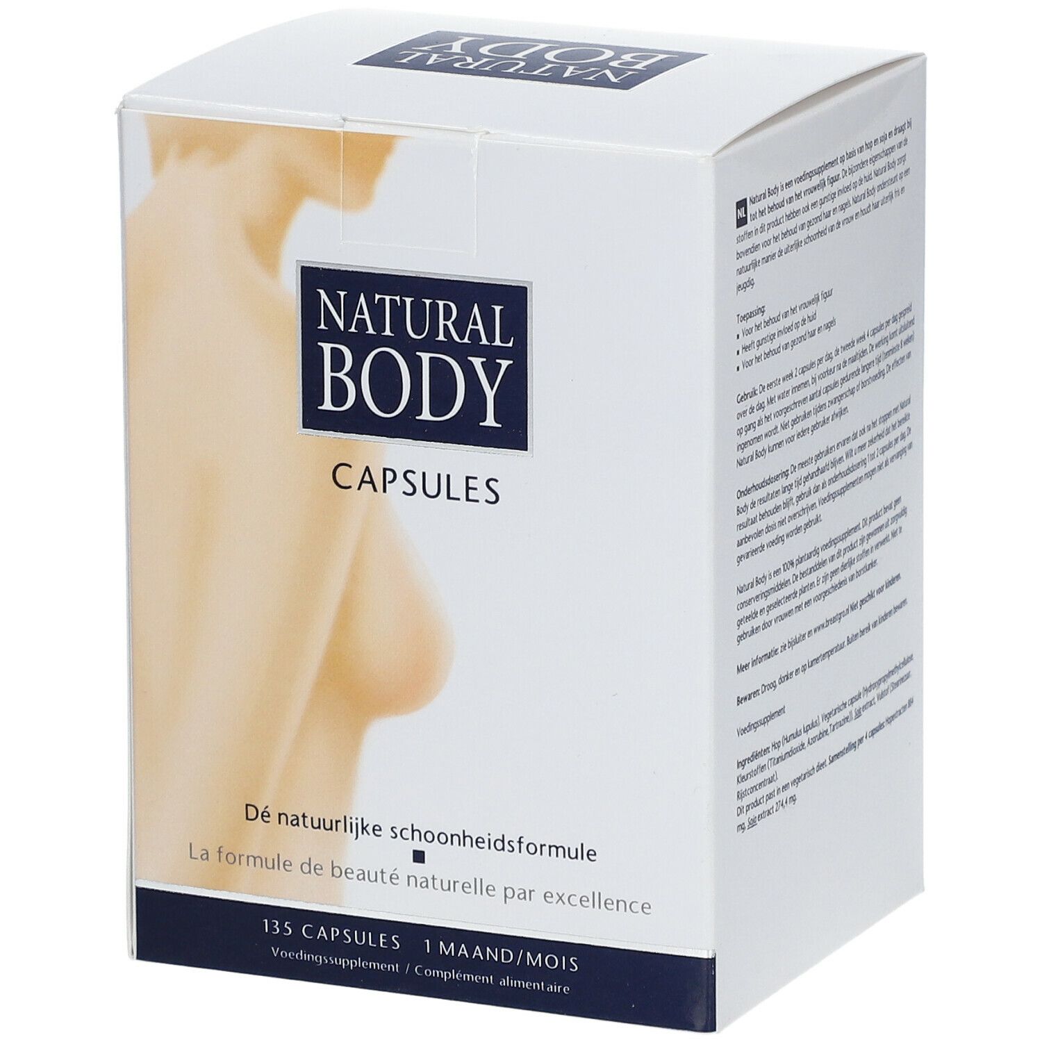Capsuleverpakking met productnaam en afbeelding van een vrouw. Tekst: De natuurlijke schoonheidsformule. 135 capsules, 1 maand.