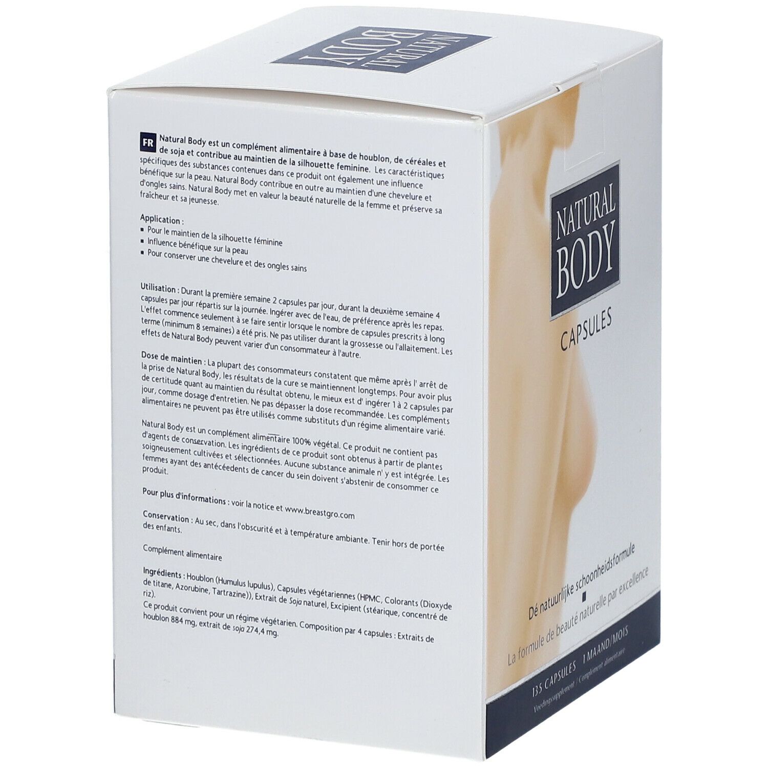 Verpakking met productinformatie en afbeelding van een vrouw. Tekst: Natural Body Capsules. Ingrediënten, gebruiksaanwijzing en waarschuwingen.