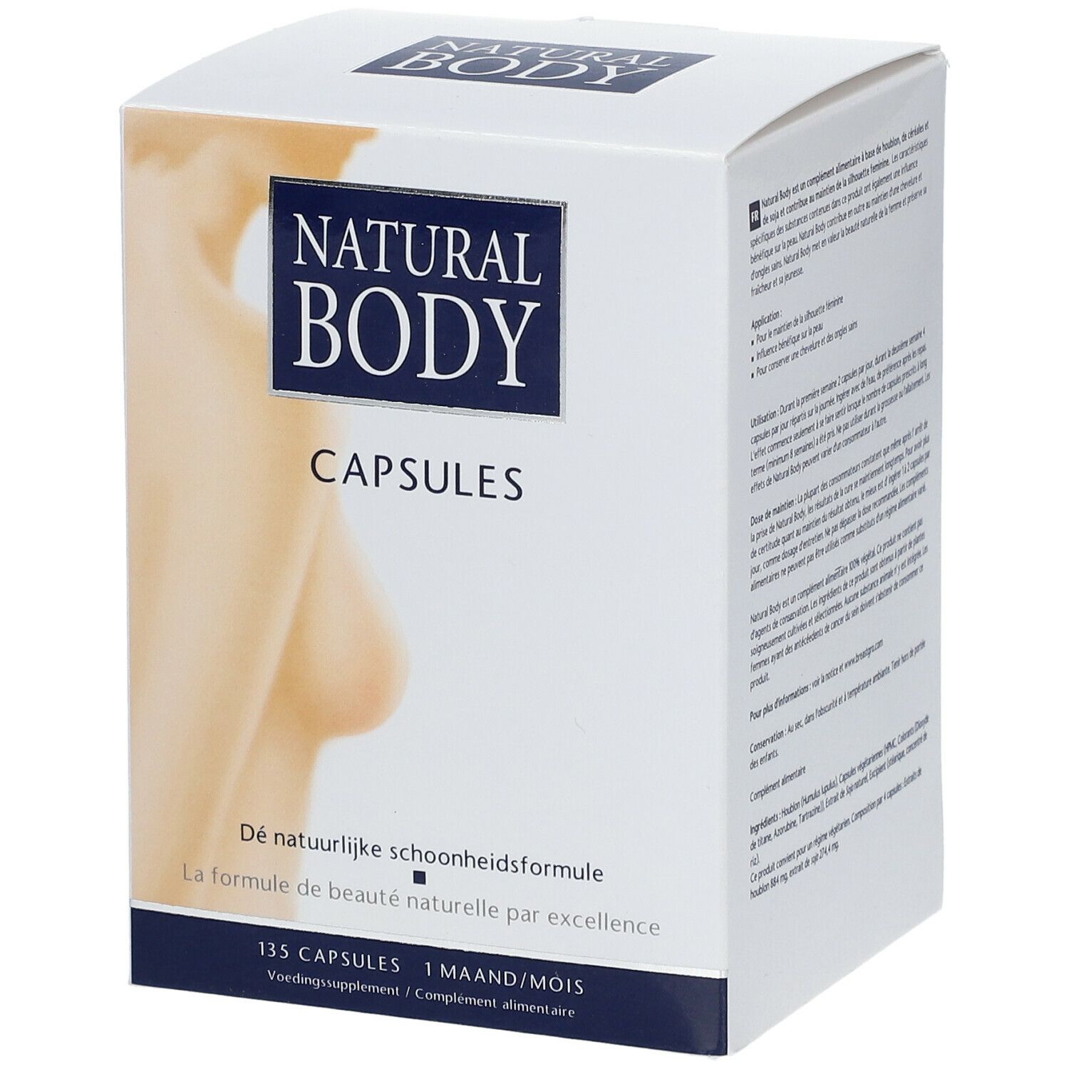 Capsuleverpakking met productnaam en afbeelding van een vrouw. Tekst: De natuurlijke schoonheidsformule. 135 capsules, 1 maand.