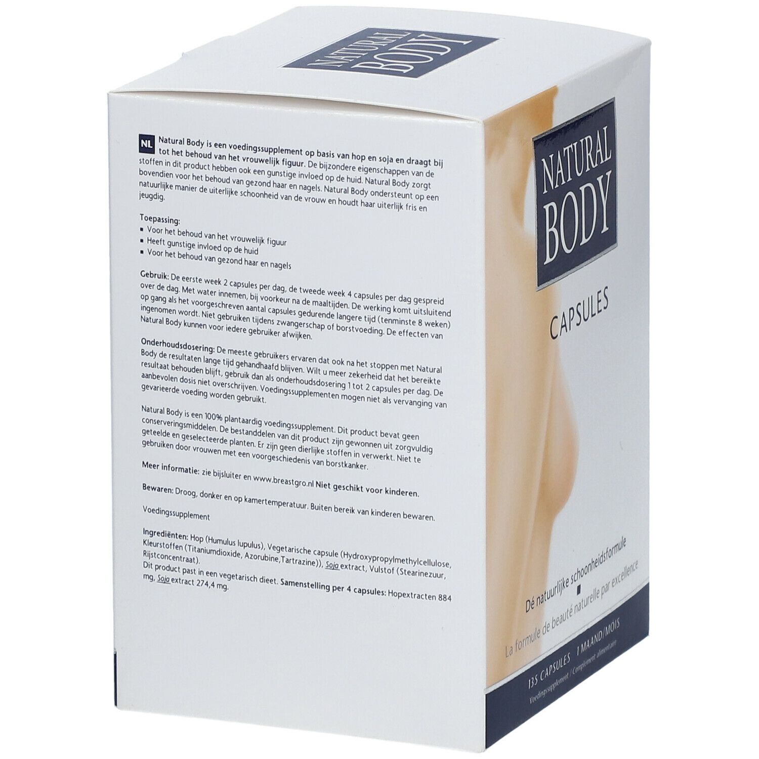 Verpakking met productinformatie en afbeelding van een vrouw. Tekst: Natural Body Capsules. Ingrediënten, gebruiksaanwijzing en waarschuwingen.