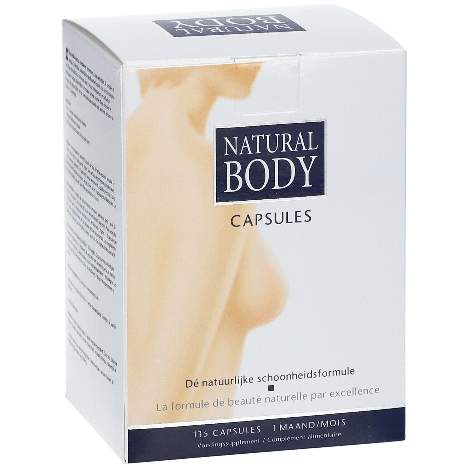 Capsuleverpakking met productnaam en afbeelding van een vrouw. Tekst: De natuurlijke schoonheidsformule. 135 capsules, 1 maand.