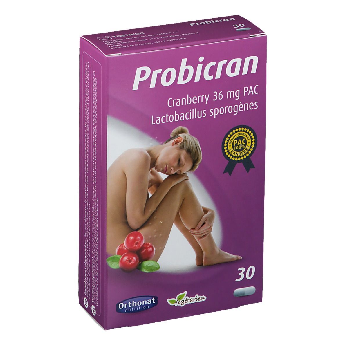 Boîte Probicran, cranberry 36 mg PAC, Lactobacillus sporogènes. Image d'une femme et de canneberges. 30 gélules.