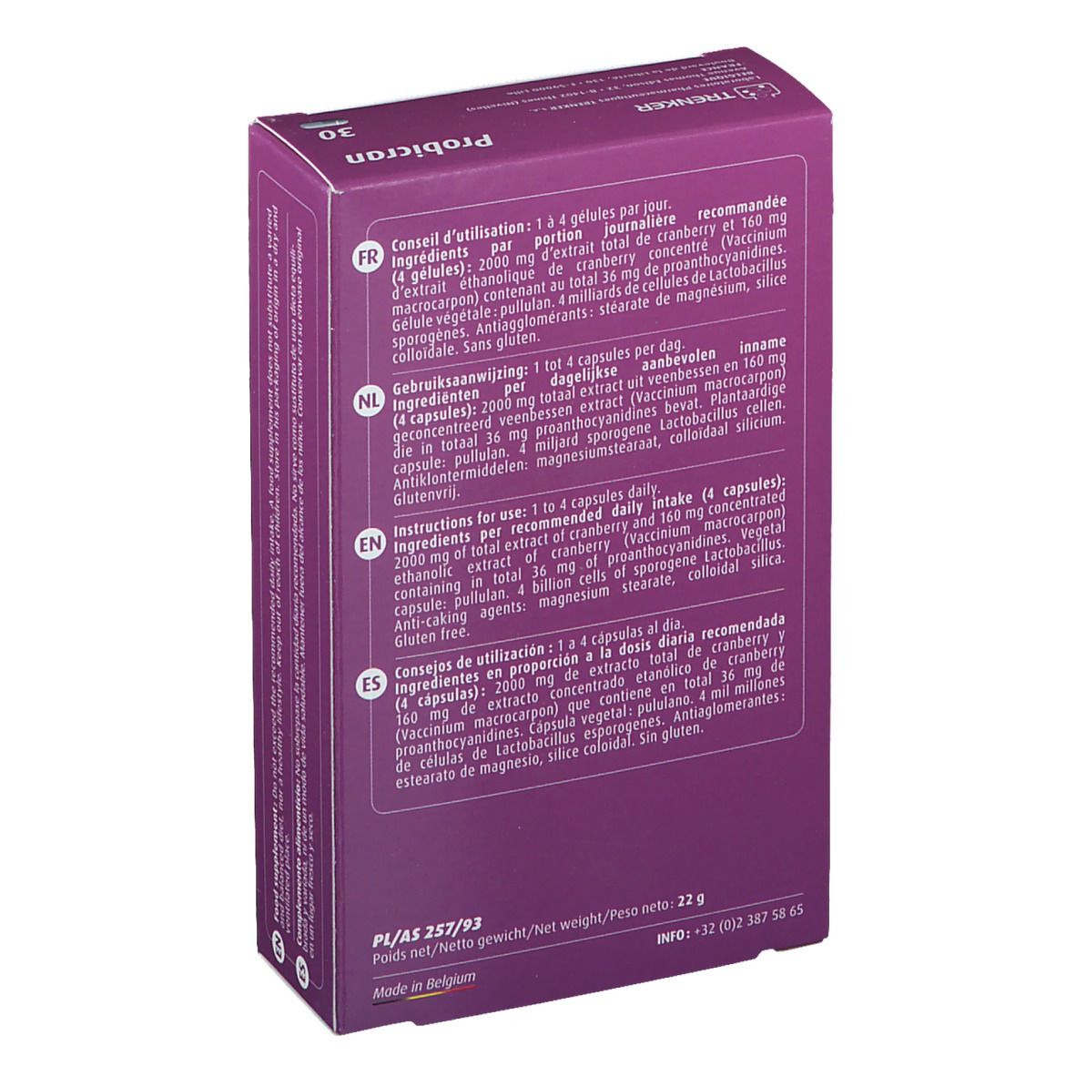 Dos de la boîte Probicran. Texte multilingue: instructions d'utilisation, ingrédients. Poids net 22 g.