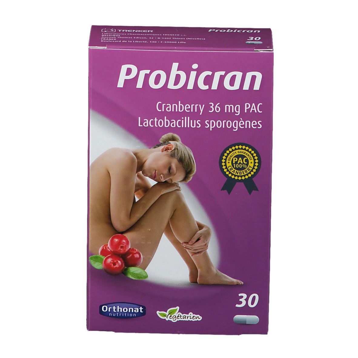 Boîte Probicran avec cranberry, 36 mg PAC, Lactobacillus sporogènes. Image d'une femme et de canneberges. 30 gélules.