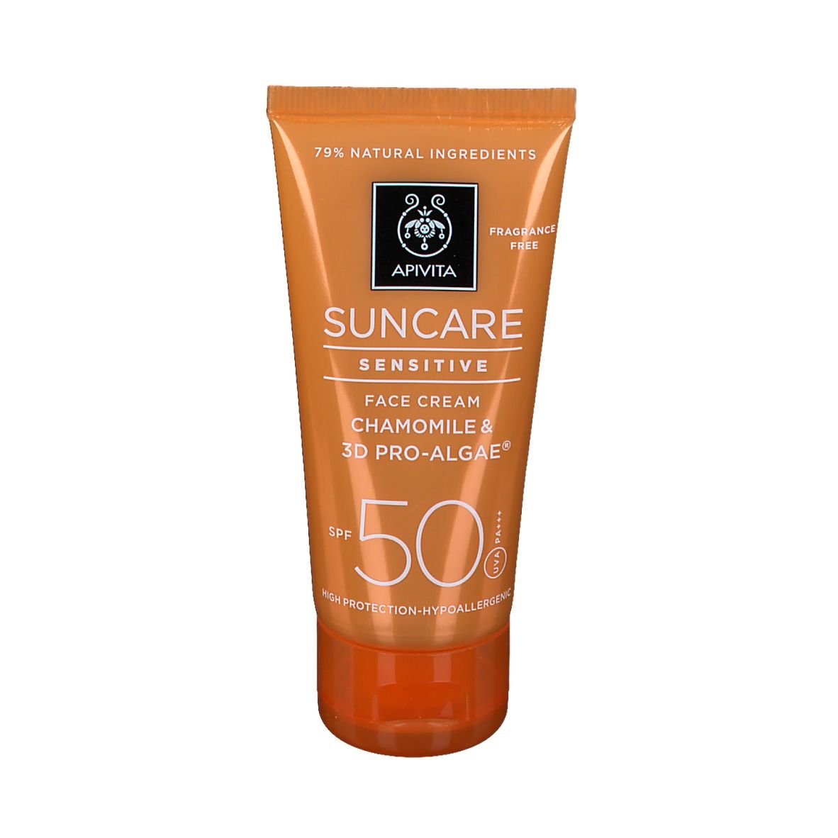 Oranje tube met witte tekst. Zonnecrème. SPF 50. "Suncare Sensitive Face Cream".