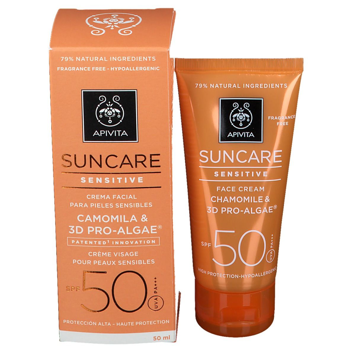 Zonnecrèmetube en doos. Oranje. SPF 50. "Suncare Sensitive Face Cream".