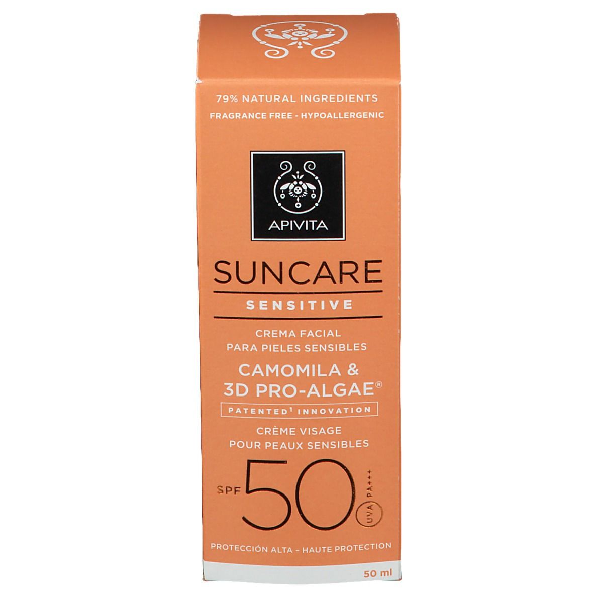 Oranje doos met witte tekst. Zonnecrème. SPF 50. "Suncare Sensitive".