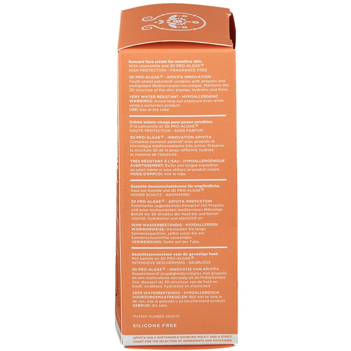 Achterkant van de zonnecrèmedoos. Meertalige tekst. Oranje achtergrond.