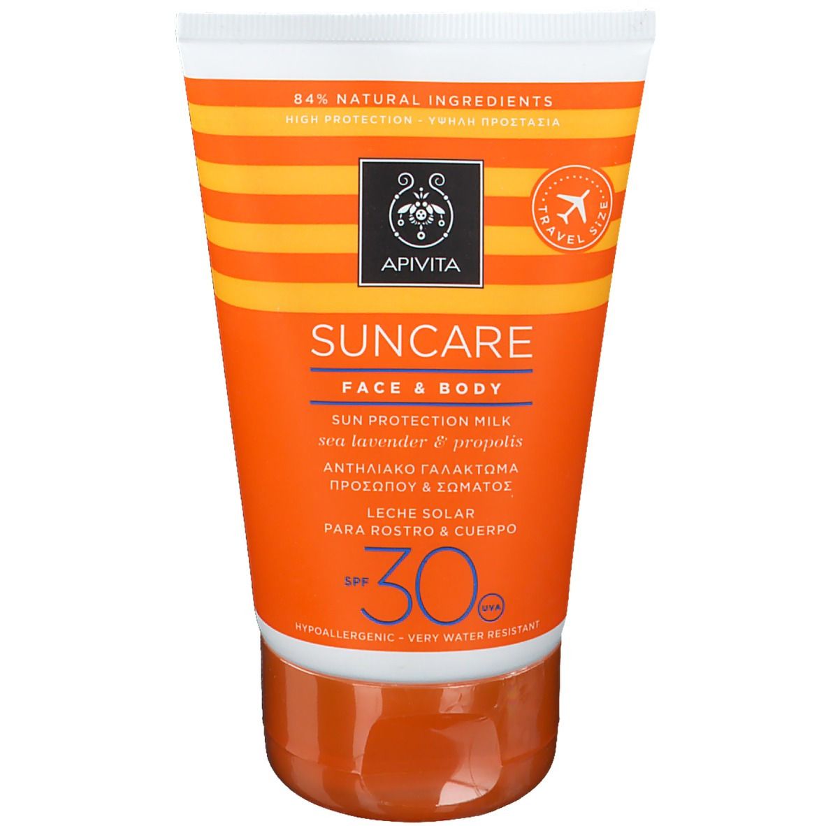 Oranje tube APIVITA SUNCARE SPF 30 voor gezicht en lichaam. Bevat 84% natuurlijke ingrediënten. Meertalige tekst.