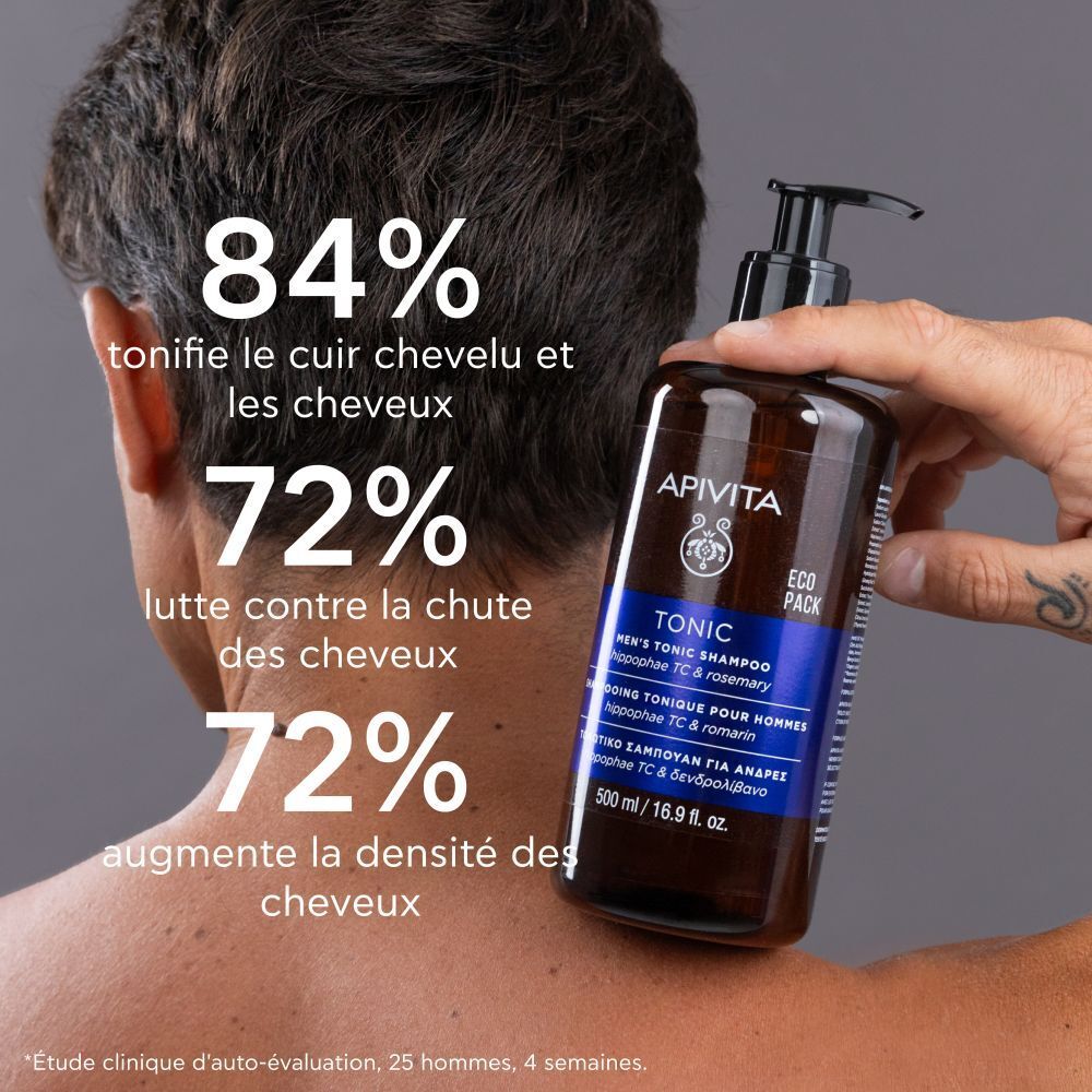 Homme, vue arrière. Flacon. Texte: 84% cuir chevelu & cheveux, 72% chute, 72% densité.