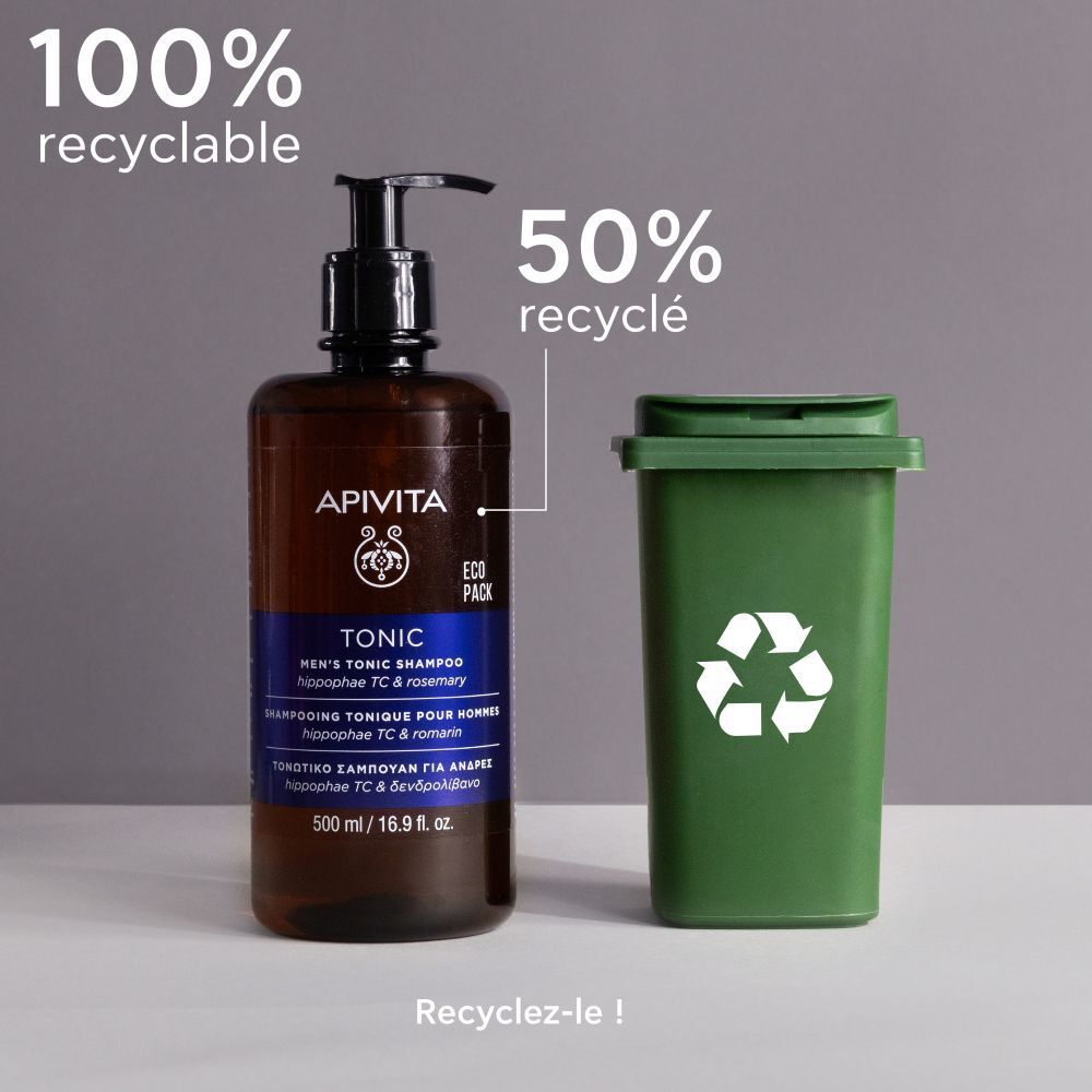 Flacon avec poubelle verte. Texte: 100% recyclable, 50% recyclé. Recyclez-le!