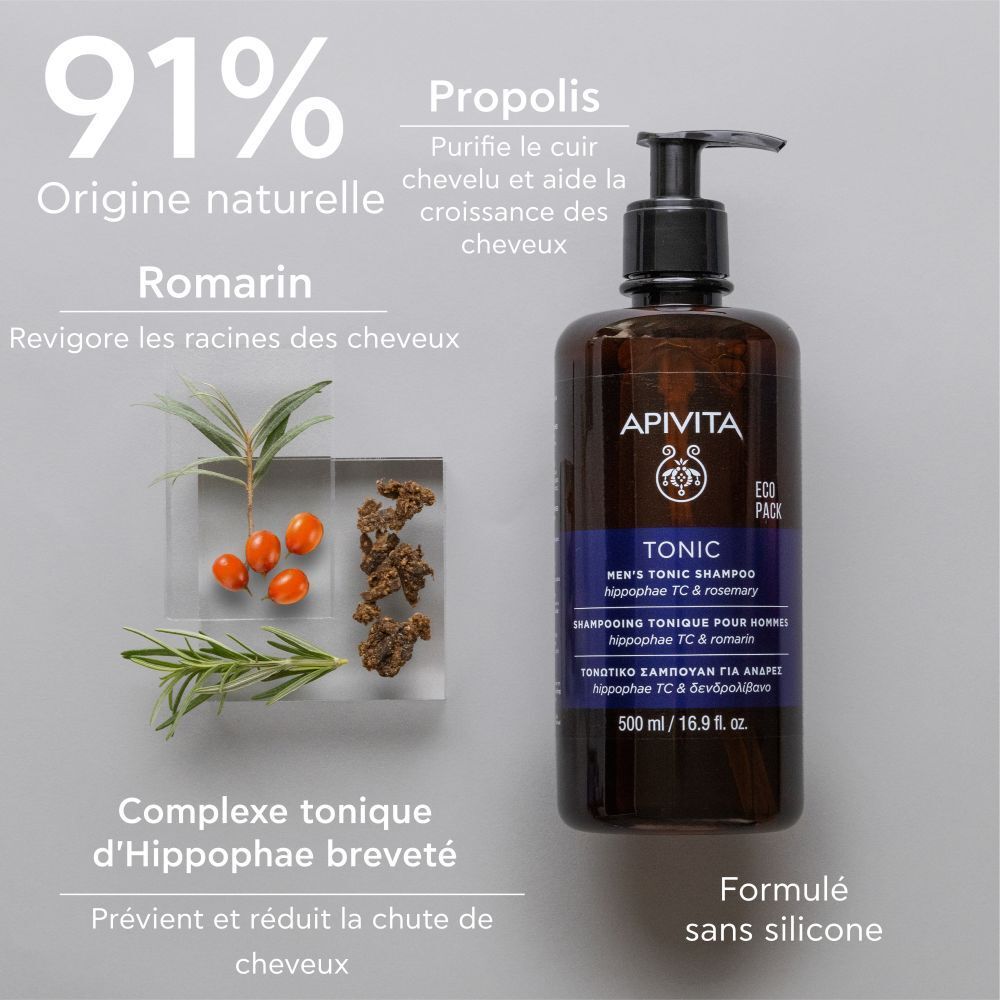 Flacon, herbes et propolis. Texte: 91% origine naturelle, sans silicone.