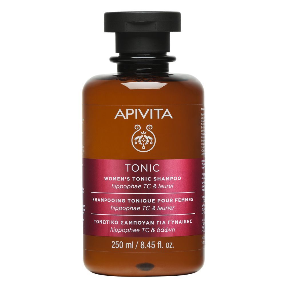 Petit flacon marron avec pompe noire. Inscription : Apivita Tonic Shampooing pour femmes.