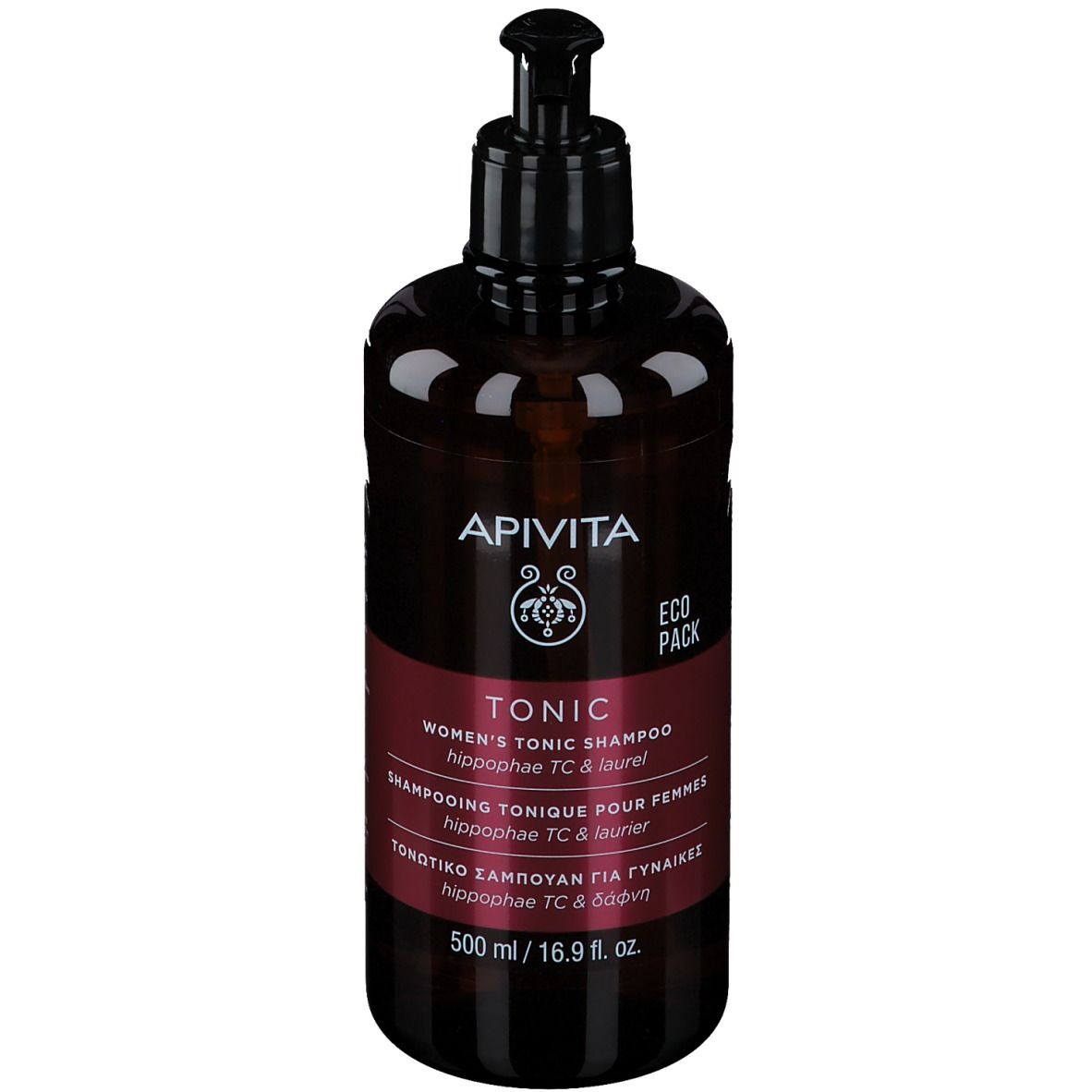 Flacon marron avec pompe noire. Inscription : Apivita Tonic Shampooing pour femmes.
