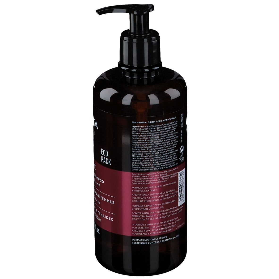 Dos du flacon marron avec texte. Inscription : Apivita Tonic Shampooing pour femmes.