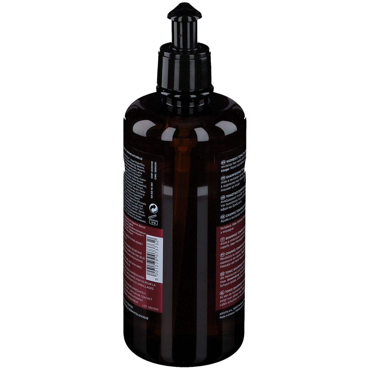 Dos du flacon marron avec texte. Inscription : Apivita Tonic Shampooing pour femmes.
