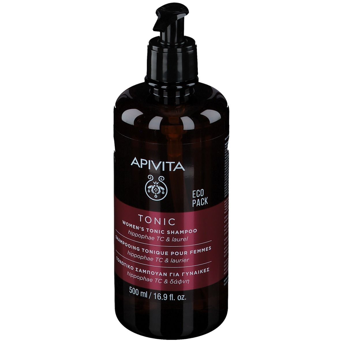 Flacon marron avec pompe noire. Inscription : Apivita Tonic Shampooing pour femmes.