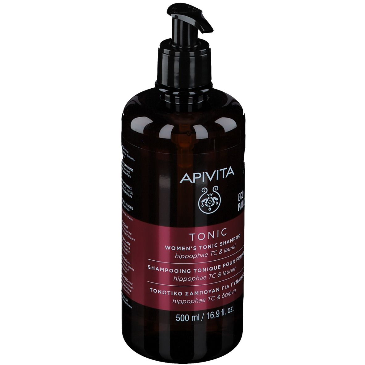 Flacon marron avec pompe noire. Inscription : Apivita Tonic Shampooing pour femmes.