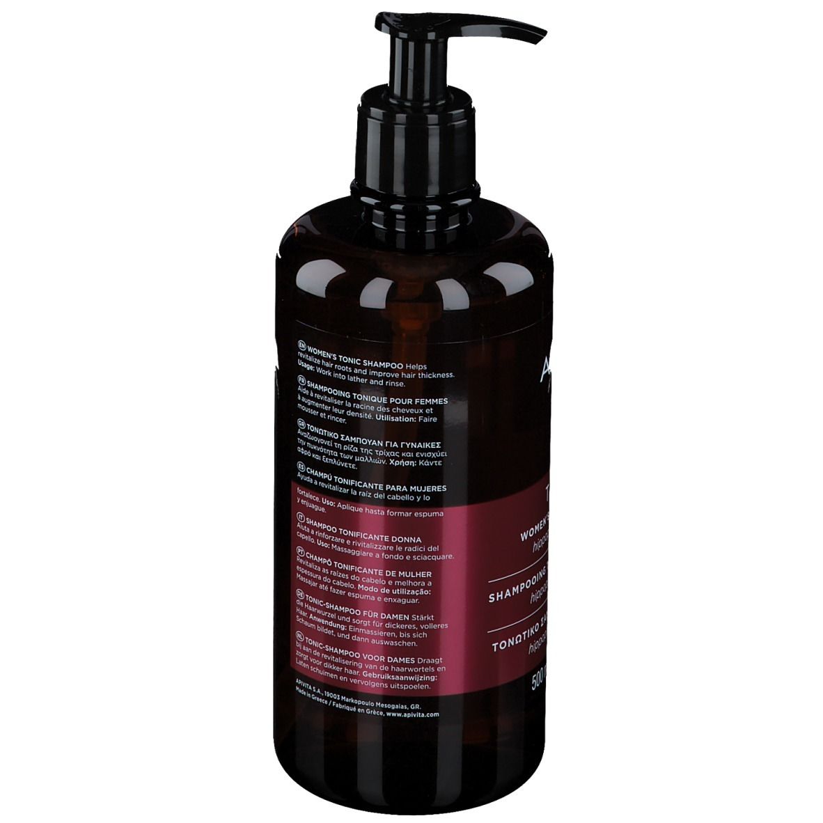 Dos du flacon marron avec texte. Inscription : Apivita Tonic Shampooing pour femmes.