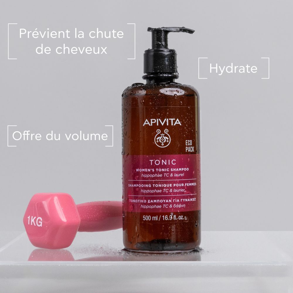 Flacon marron avec pompe noire. Inscription : Apivita Tonic Shampooing pour femmes.