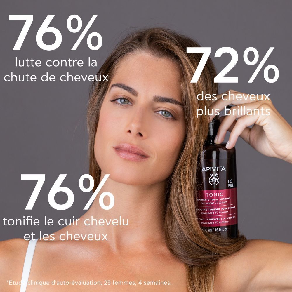 Flacon marron avec pompe noire. Inscription : Apivita Tonic Shampooing pour femmes.
