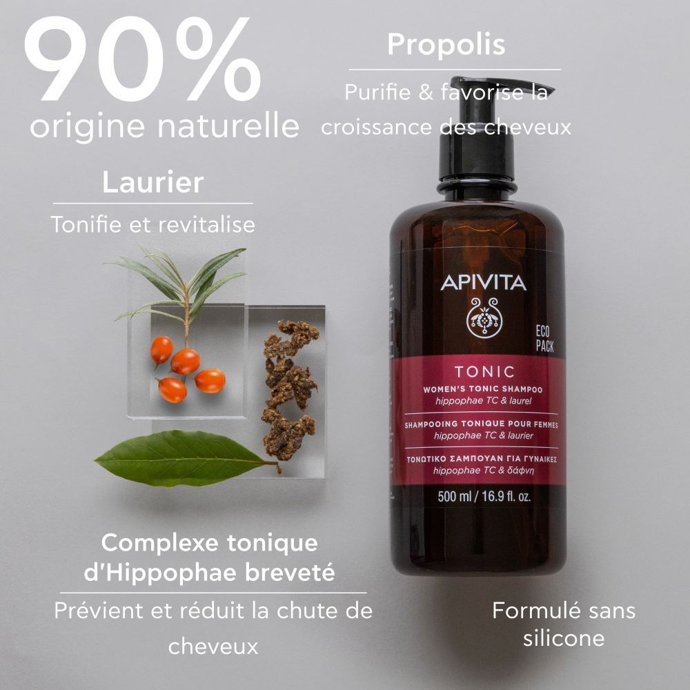 Flacon marron avec pompe noire. Inscription : Apivita Tonic Shampooing pour femmes.
