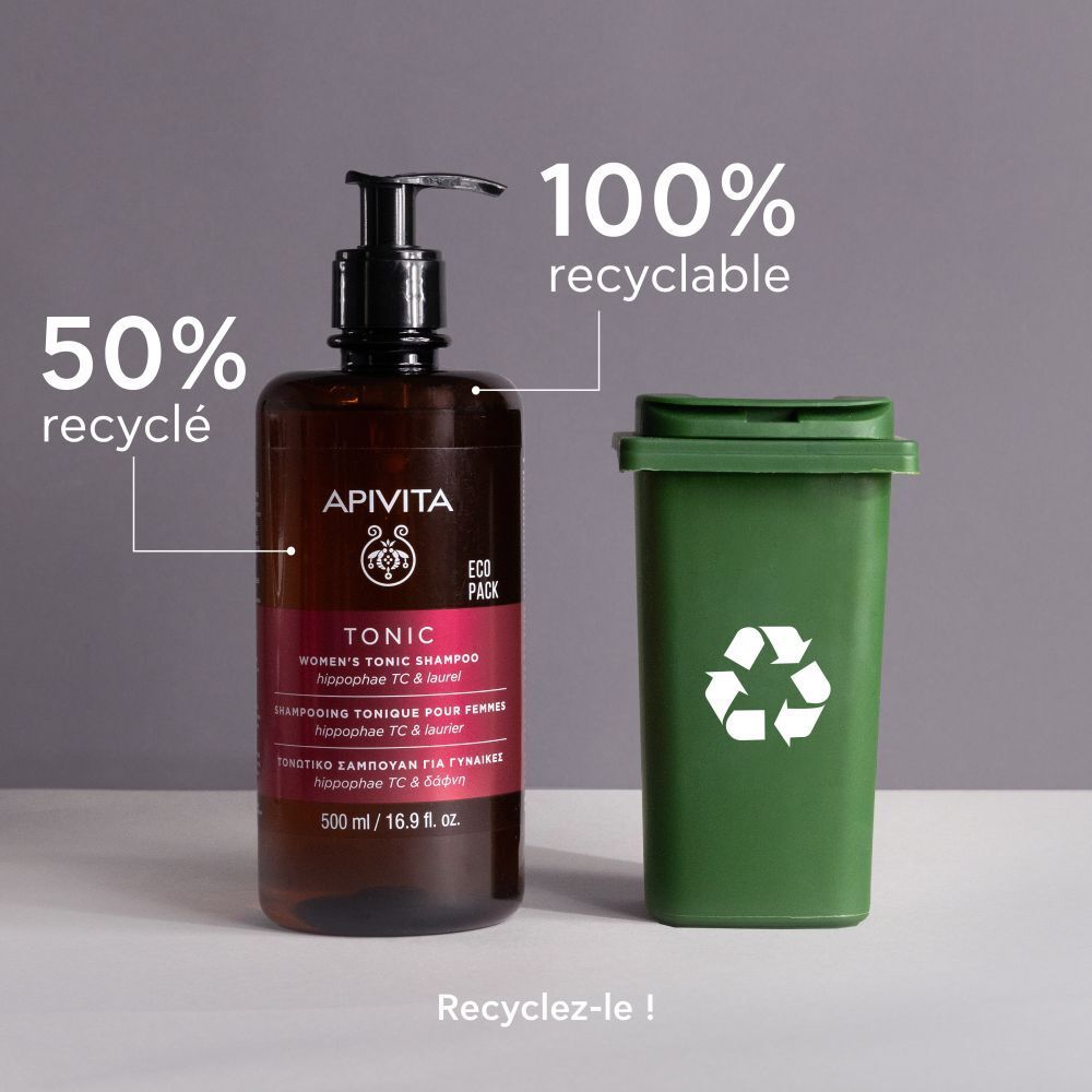 Dos du flacon marron avec texte. Inscription : Apivita Tonic Shampooing pour femmes.